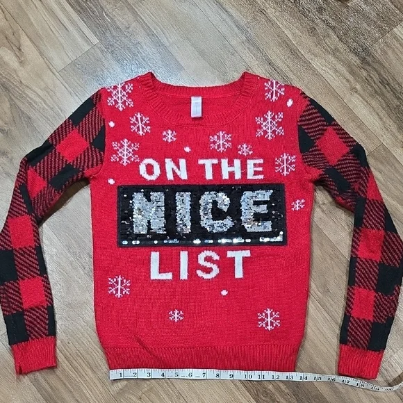 RED AND BLACK NICE AND NAUGHTY LIST SWIPE REVERSIBLE CHRISTMAS SWEATER SIZE M - Picture 9 of 15